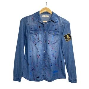 Denim Button-Up Shirt Paint Splatter Mickey Patch Western Chambray | Size 36